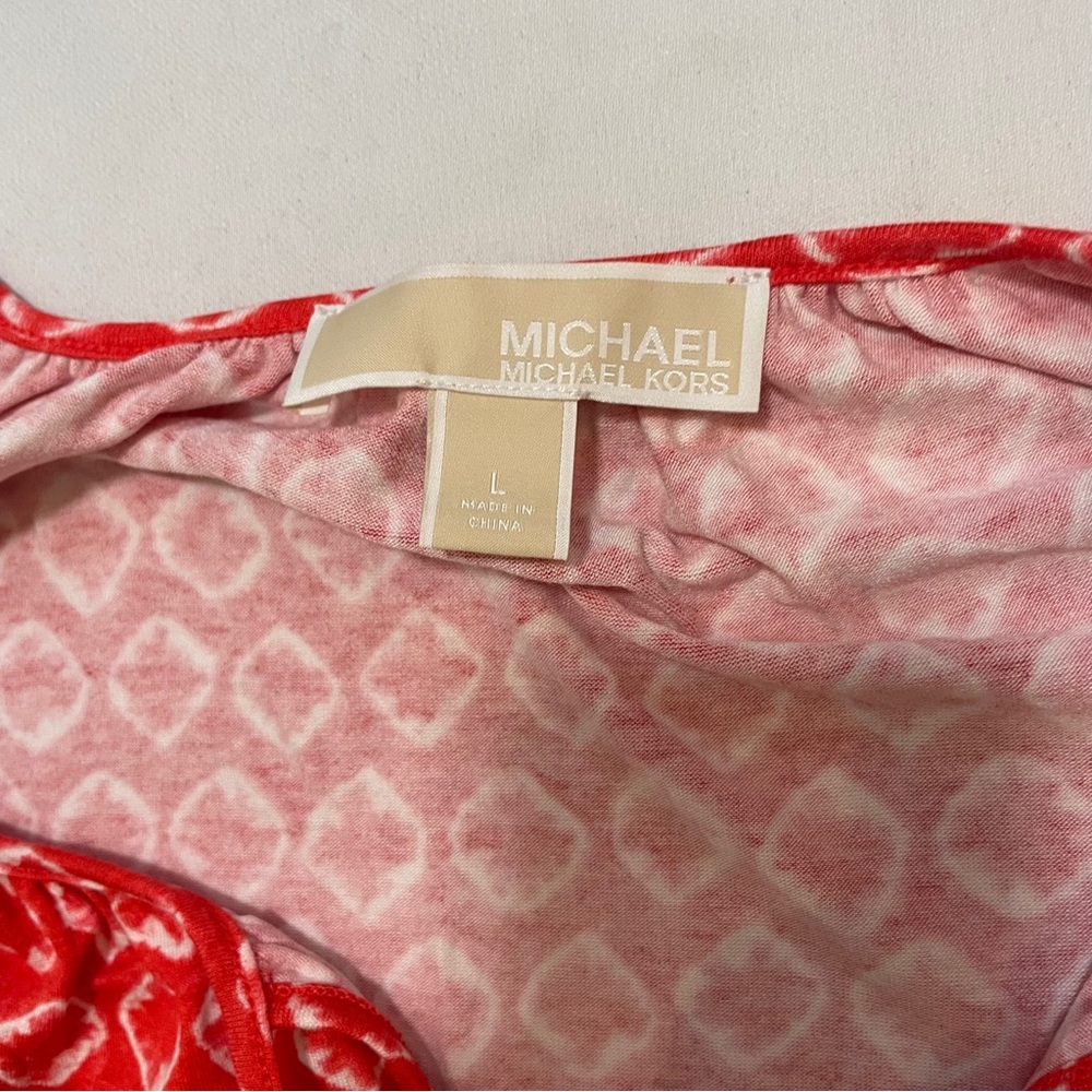 Michael Kors Cold Shoulder Top Womens Large Red Tie Dye Ikat Long Sleeve Blouse - Picture 2 of 7